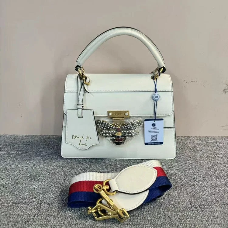 Women Gucci crossbody bags with a woven leather strapGucci Bee Bag - White, Medium Size Flap HandBag With Shoulder Strap