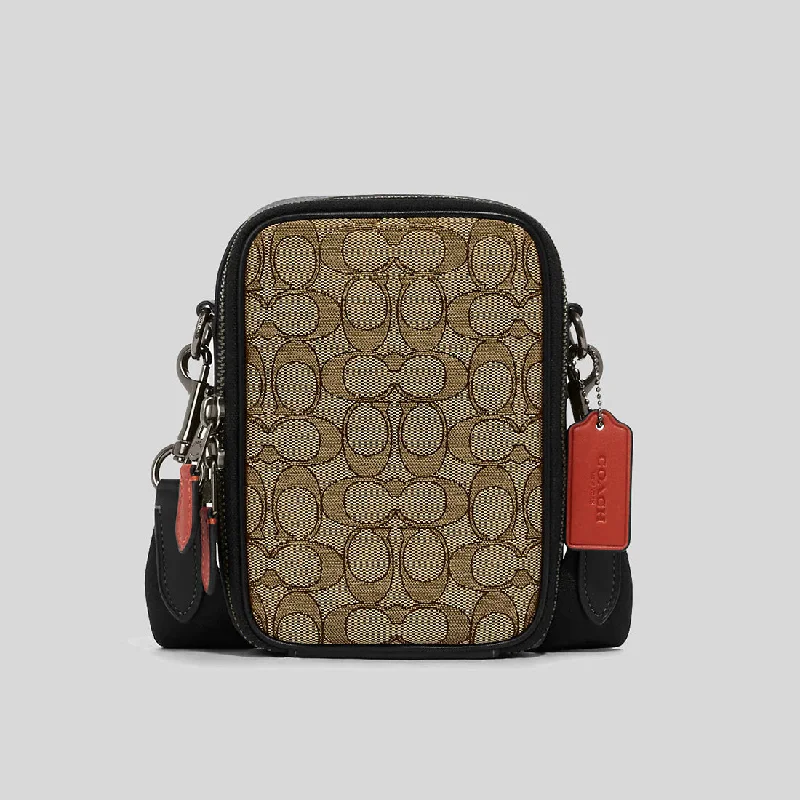 Coach tote bags with a double - handle and shoulder - strap option for easy useCOACH Stanton Crossbody In Signature Jacquard Khaki/Black Multi CH097