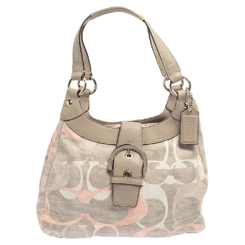 Coach bags with a back - zip pocket for storing valuables securelyTri Color Signature Fabric and Leather Hobo