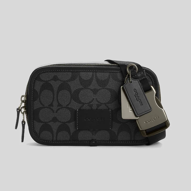 Coach Rogue bags with a monogram - embossed leather surfaceCOACH Wyatt Belt Bag In Signature Canvas Charcoal/Black CM106