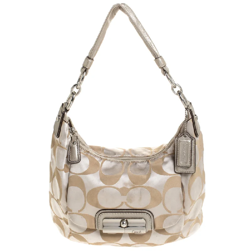 Coach bags with a detachable mobile phone holder for on - the - go useBeige/Gold Canvas and Leather Kristin Hobo