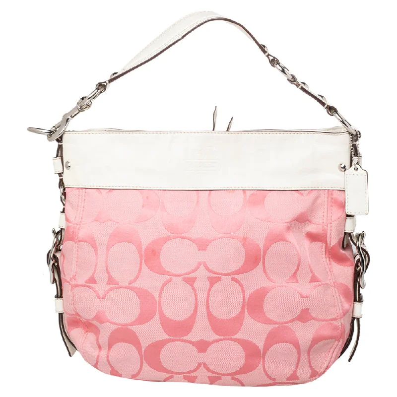 Coach bags with a zip - top closure and a front - pocket for quick accessPink/White Signature Canvas and Leather Hobo