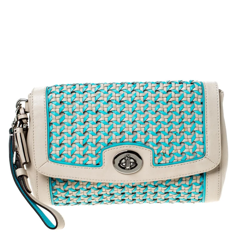 Coach tote bags with a water - resistant lining for practicalityBeige/Blue Caning Leather Flap Wristlet Clutch