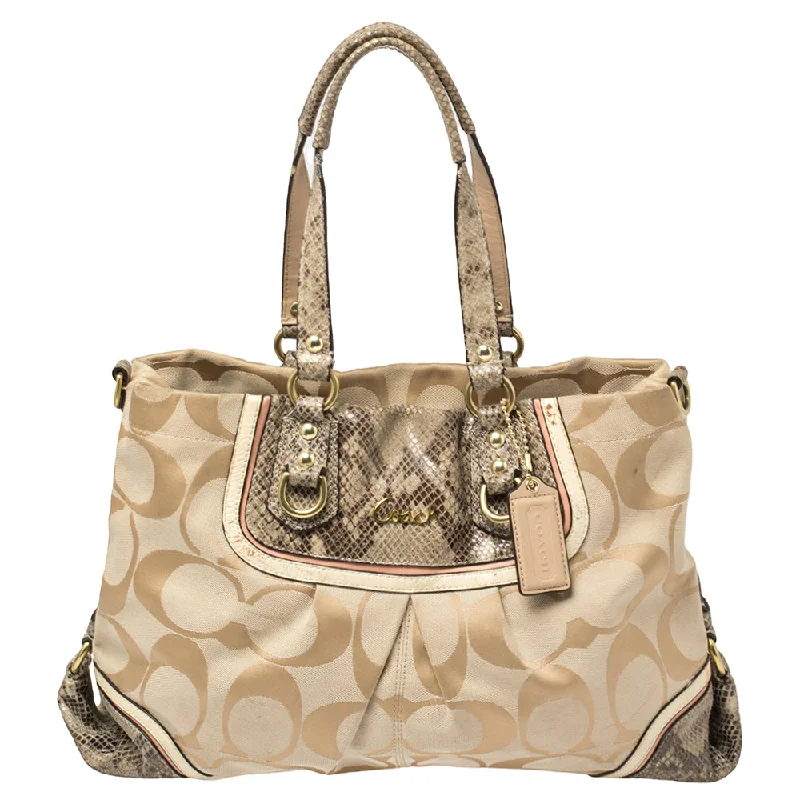 Coach Rogue bags with a monogram - embossed leather surfaceBeige Signature Canvas And Python Embossed Leather Ashley Tote