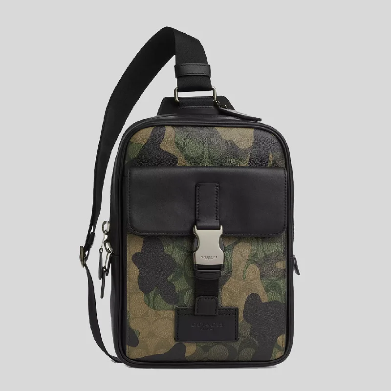 Coach bags with a zip - top closure and a front - pocket for quick accessCOACH Track Pack In Signature Canvas With Camo Print Green Multi CL944