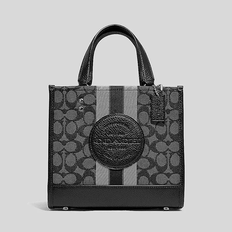 Coach tote bags with a water - resistant lining for practicalityCoach Dempsey Tote 22 In Signature Jacquard With Stripe And Coach Patch Smoke Black Multi C8417