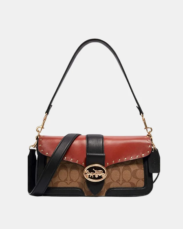 Coach tote bags with a snap - button closure and a decorative charm for styleCoach Georgie Shoulder Bag In Colorblock Signature Canvas With Rivets 5605