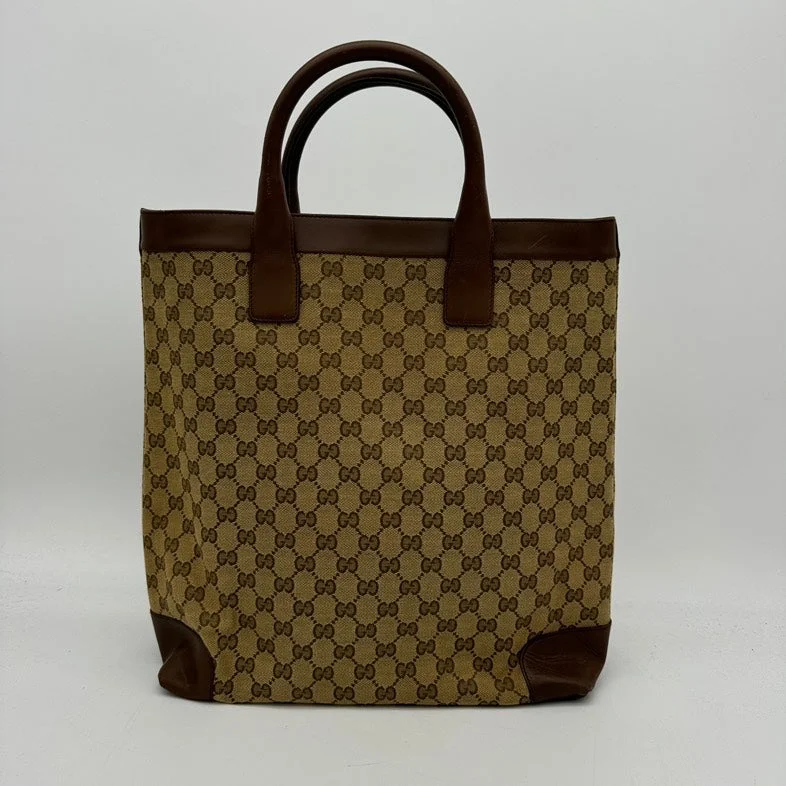 Gucci tote bags for women with a spacious interiorGucci Beige Brown Canvas Leather HandBag Small