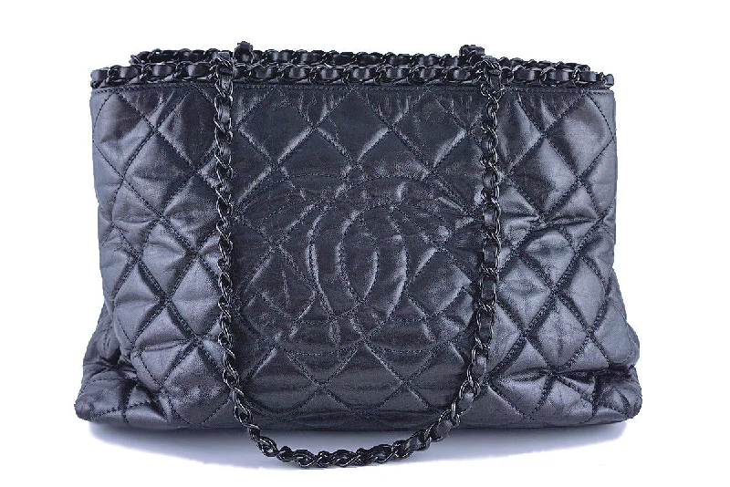 Chanel Quilted Leather Shoulder Bag for FashionistasChanel Dark Silver Timeless Chain Around Grand Shopping Tote GST Bag