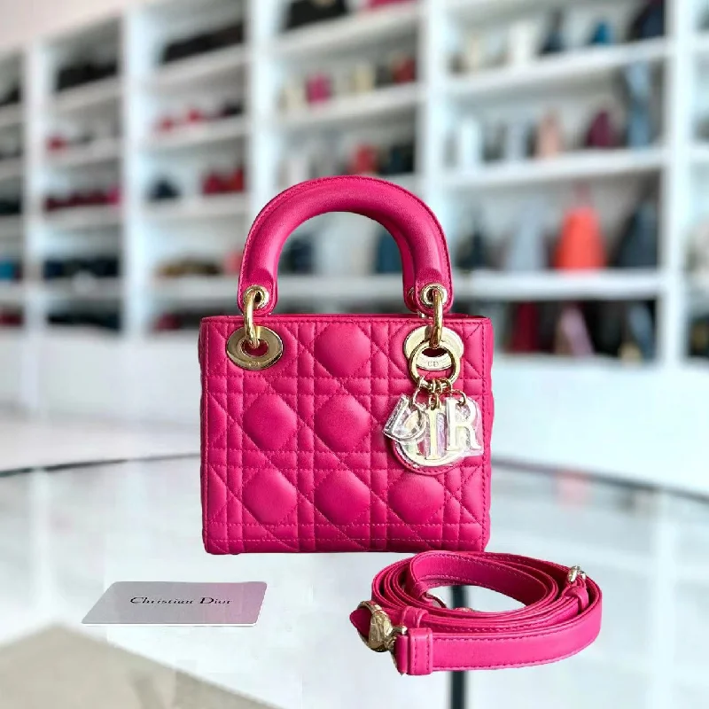 Christian Dior Saddle bags with a studded trim for a bold look*Adjustable Strap* Lady Mini Cannage Lambskin Hot Pink Golden Hardware